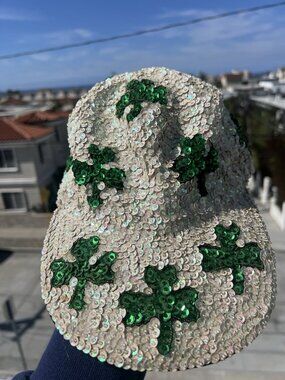 Vintage JC Shamrock St. Patricks Day Irish all-over sequin baseball cap OS glam